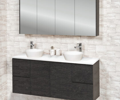 Metro 1500 Cabinet In Estella Oak. Shown With Caesarstone Top And 2 X Sleek Basins With Paris Shaving Cabinet Above. 1.jpg
