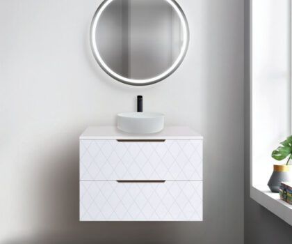 Quilt 900 Wall Hung Cabinet In Satin White. Shown With Caesarstone Top With Cirque 360 Basin Round 800mm Led Mirror Above.jpg