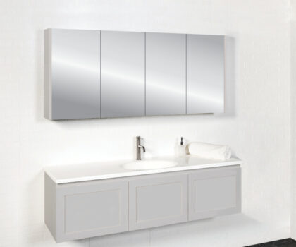 Virtue 1500 Cabinet In Satin Light Grey. Shown With Premier Vanity Top And Paris Shaving Cabinet Above.jpg