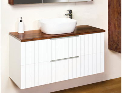 Bella Groove 1200 Cabinet In Satin White. Shown With Solid Timber Top In Tasmanian Blackwood And Essence Basin1